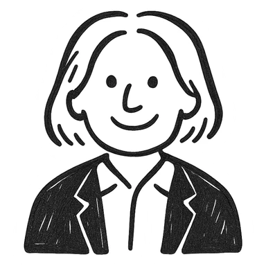 Man with white hair parted in the middle, black in color, shoulder-length, smiling, wearing a white shirt and a black jacket sticker