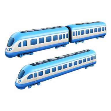 A 3D cartoon passenger train with blue carriages and visible windows, moving through countryside, Memoji-style. sticker