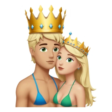 Blonde Queen Green eyes with crown in Bikini kissing Male subject dark Hair blue eyes sticker