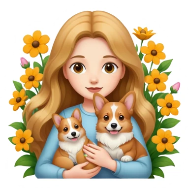 A long-haired girl holding a corgi in the flowers sticker