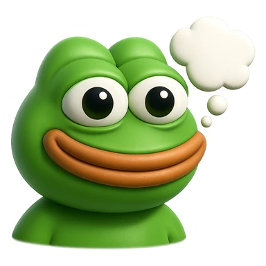 make a pepe in bright green smiling and looking straight at the camera with thought bubble looking at right right in 3d style, good highlights and shadows, drop shadows sticker