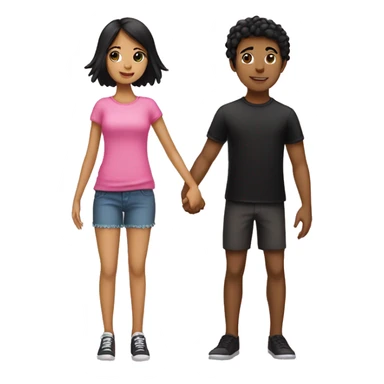 Emoji of a tan girl with black hair wearing pink and a boy with black hair wearing black holding hands sticker