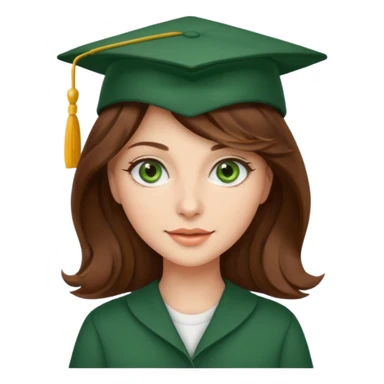 beautiful  woman with wavy brown hair and green eyes with school hat sticker