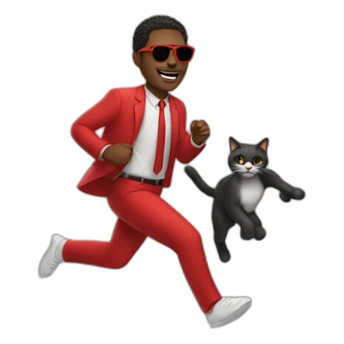 black man holding cat and running at the speed of light with red sunglasses on and a red suit sticker