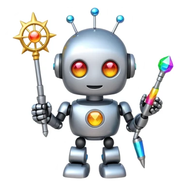 A cute robot is holding a magic wand, magic, emoji sticker