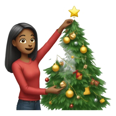 Girl putting decorations in the Christmas tree sticker