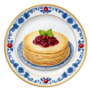 scandinavian round crepes with jam on white porcelain plate with blue floral vintage design sticker