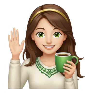 Long, Brown haired girl with middle hair part, green eyes, gold hoop nose ring, smiling, waving with one hand, coffee mug in the other sticker