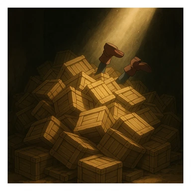 A pile of small oblong crates hidden in a dark area with a beam of light shining from above, with someone’s boots sticking out like they dove in sticker