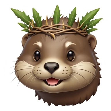 really cute smiling joyful otter face in three-quarter profile view with simple thorny stem wrapped horizontally around its forehead like Jesus Christ's Crown of thorns, no crown shape on top, just thin spiky branches circling the forehead, Apple emoji style, glossy finish, smooth gradients sticker