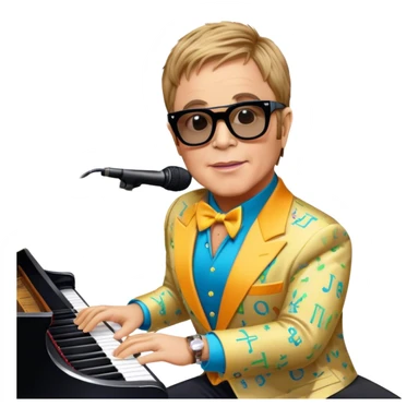 Pop music icon: Elton John at the piano in signature glasses and colorful outfit, George Michael holding a microphone in stylish attire. Stage lights and musical notes in the background. Transparent background. sticker