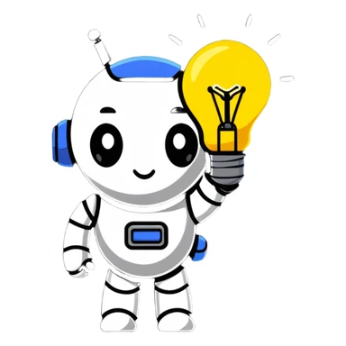 cartoon robot head with a glowing idea bulb, representing AI sticker