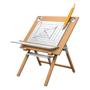 Sleek icon for Architecture: engineer's drawing board with 3D model of the building,  pencil, architect's easel, rulers and protractor. Transparent background. sticker