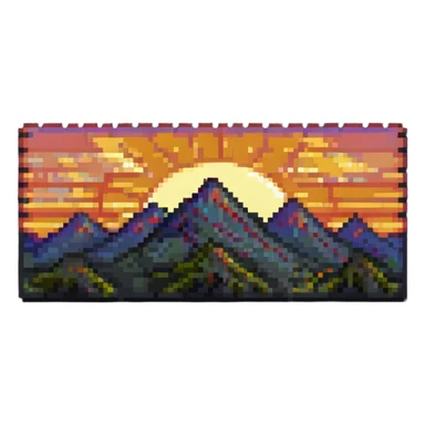 pixel art style banner with a sunrise over mountains sticker