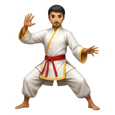 Cinematic Realistic Kung Fu Action Emoji, depicted as an epic martial arts scene with a master executing a precise move in traditional attire, rendered with fluid motion and vibrant textures under dramatic high-contrast lighting. sticker