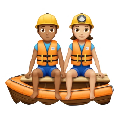 a boat upside down, with 2 people sitting on top trying to stay afloat. sticker