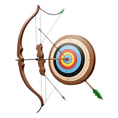 A professional recurve bow with an arrow nocked, ready to be released. The target features concentric rings, placed at a distance. The emphasis is on the bow, arrow, and target, highlighting the precision, focus, and skill involved in competitive archery. sticker