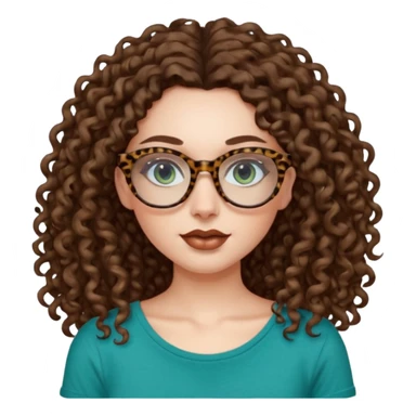 a blue green eyed woman with very very long brunette curly hair, full lips,and pale skin. She is wearing a leopard printed thin round-ish glasses . She is wearing a brown tshirt with a wide neck opening. sticker