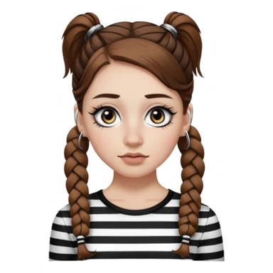 a white girl with brown hair in very low pigtails black eyeliner big false eyelashes with a septum piercing nose piercing big hoop earings dermals close to the eyes one on each side wearing a black and white striped long sleeve shirt sticker