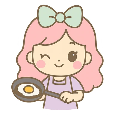 A kawaii chibi anime style girl with pink hair and a mint green bow, cooking and holding a pan with a fried egg, smiling and winking. Use flat pastel colors, thick outlines, and simple cute features. Transparent background. sticker