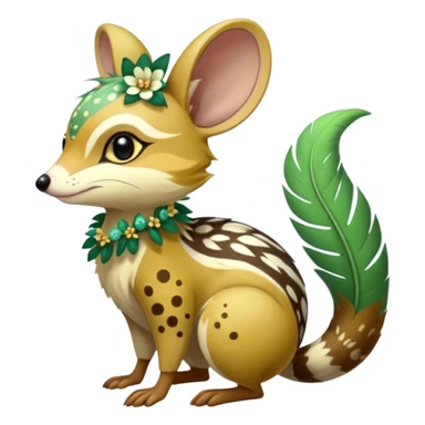 Tropical Exotic Colorful Beige-yellow, Jade-green, brown back-mane, white specks, Floral Feathery Numbat-Bilby-Quoll-Furret-Fakémon-furry-fursona-creature (full body) with tribal markings sticker