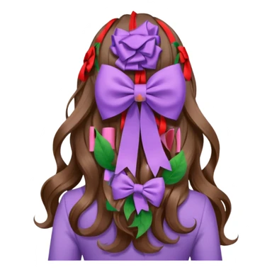 long wavy brown hair from behind with a medium lilac bow sticker