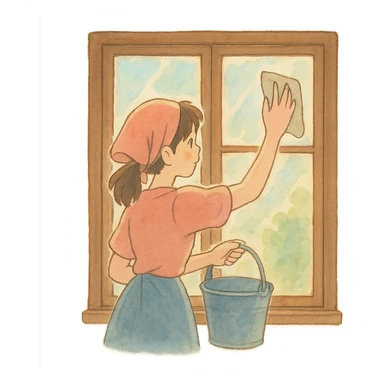 ghibli style illustration of a window being cleaned, gentle lighting, soft colors sticker