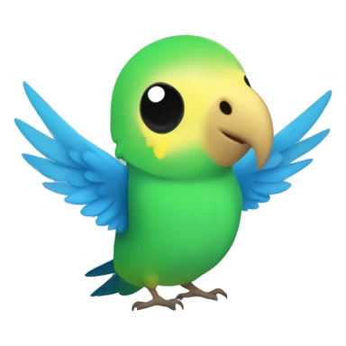 budgie with a green body and green and black wings and a yellow head with a blue nose sticker
