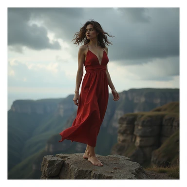 powerful photorealistic fashion portrait of a woman in a windswept red dress on a rugged cliff with dramatic clouds overhead, high contrast lighting, evoking solitude and strength sticker
