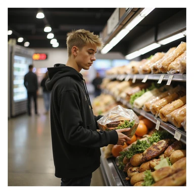 Justin Bieber shopping at Supermarket Muffato, photorealistic style sticker