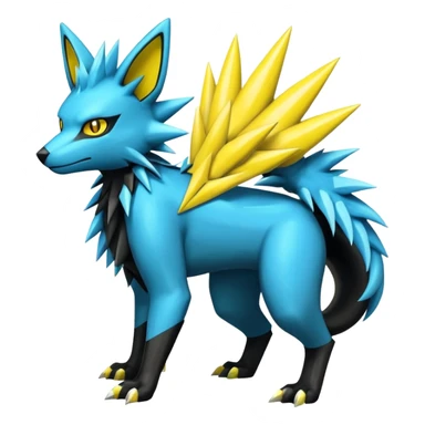 Shiny badass cool edgy spikey fluffy realistic cyan yellow white electric complex futuristic Zeraora-Luxray-Electrike-Umbreon-Manectric-Weregarurumon-fusion-creature (full body) (4 legs) sticker