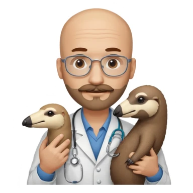 A bald veterinarian with a beard and mustache holding an anteater sticker