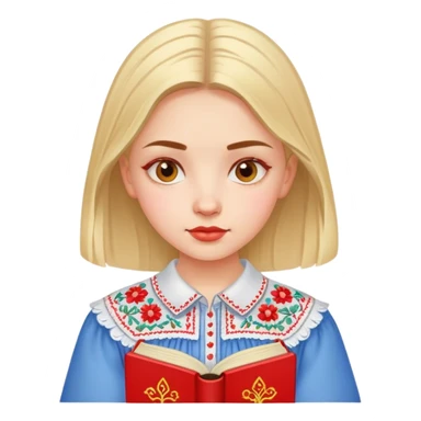 A Ukrainian girl in an embroidered shirt reads a red book sticker