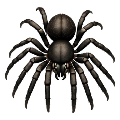 Close-up of a giant hairy black tarantula in its natural habitat, with intricate web details surrounding it. The spider's texture is highlighted, emphasizing its hairy legs and features. Soft background with natural elements like leaves or rocks. Transparent background. sticker