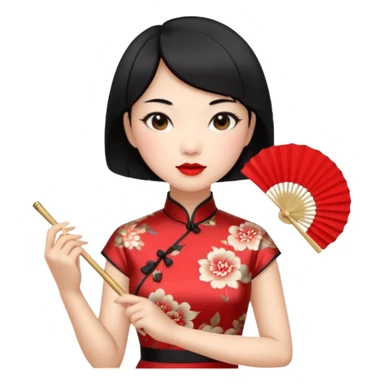 a chinese woman wearing a cheongsam holding a folding fan elegantly with fancy, red lipstick and short black hair sticker