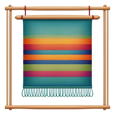Tapestry icon, woven fabric with intricate patterns, weaving loom, colorful threads, detailed design, minimalistic style, clean lines, transparent background. sticker