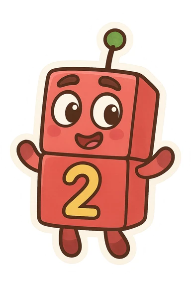Numberblock 2, smiling block with two stacked squares, number 2 on the front, playful and colorful, cartoon style sticker