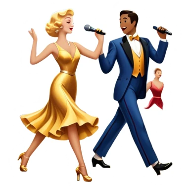 Vintage movie poster-style icon for a musical film. The cityscape glows in the background, evoking the golden era of musicals. A vibrant street scene with bright lights, dancers mid-step, a singer with a microphone, and a jazz band playing. Transparent background. sticker