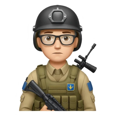 Ukrainian intelligance agency warrior man in platecarrier with nato riffle in helmet and glasses sticker