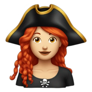 Woman long red hair. Short hair on the other side, pirate hat, skull and crossbones t shirt sticker