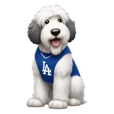 Old English Sheepdog full height wearing a Los Angeles dodgers shirt sticker