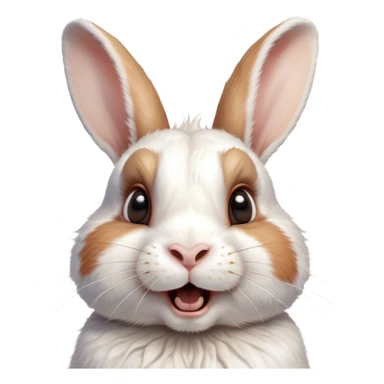 Cinematic Comical White and Brown Rabbit Portrait Emoji, Head tilted dramatically with an exaggeratedly amused expression, featuring a striking fur with a playful mix of white and brown patches, wide, expressive eyes filled with playful disbelief, Simplified yet hilariously expressive features, highly detailed, glowing with a slightly sassy glow, high shine, dramatic yet playful, stylized with an air of cheeky mischief, bright and endearing, soft glowing outline, capturing the essence of a spirited and over-the-top bunny, so meme-worthy it feels like it could side-eye its way into internet fame instantly! sticker