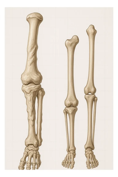 A highly realistic medical illustration focusing on a human arm and leg bones affected by melorheostosis. The bones appear visibly thickened, irregular, and larger than normal, with clear, layered bone growth resembling melted wax dripping down the side of the bones. The image shows a side-by-side comparison with a healthy bone for clarity, highlighting the difference in size and texture. The color palette includes neutral bone colors with subtle shading to show the abnormal contours and ridges. The background is clean and minimalistic, with faint anatomical grid lines for a scientific, educational feel. The overall mood is informative and precise, conveying the key visual characteristic of melorheostosis: progressive bone thickening that makes bones visibly larger and irregular. sticker