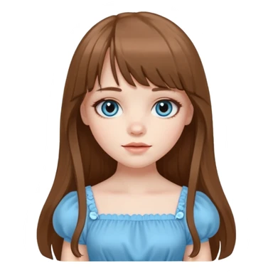 A pale girl with very long brown hair with bangs and a layer longer than that, wearing a cute sky blue dress and cute doll makeup.  sticker