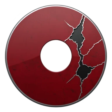 Minimalist emoji-style sticker of a single CD with a sharp crack and a dried blood spot. View from above, black, gray, and muted red.
 sticker