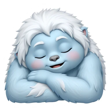 Meme-Worthy Cute Sleeping Yeti Portrait Emoji, with a charming, fluffy, snow-dusted figure in gentle whites and cool blues, head resting in blissful, serene slumber with closed, peaceful eyes and a small, contented smile, simplified yet irresistibly adorable, highly detailed with a soft frosty outline that captures the tender drowsiness of a yeti drifting into snowy dreams! sticker