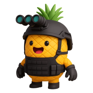 Make the pineapple wear special forces gear including a tactical helmet with night vision goggles, a black tactical vest, and gloves. The background should be transparent with no background. sticker