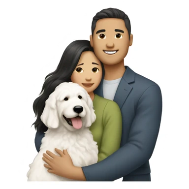 asian couple with straight hair hugging with a big white goldendoodle sticker