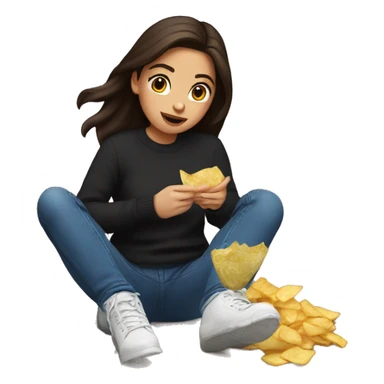 Brunette girl with black sweater an blue jeans and brown Uggs eating chips sticker