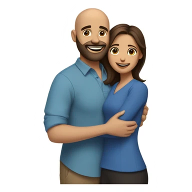 Brown-haired Puerto Rican woman with dark brown eyes wearing a cute blue blouse giving comforting hug to short, bald man with brown eyes, laugh lines, and a beard sticker